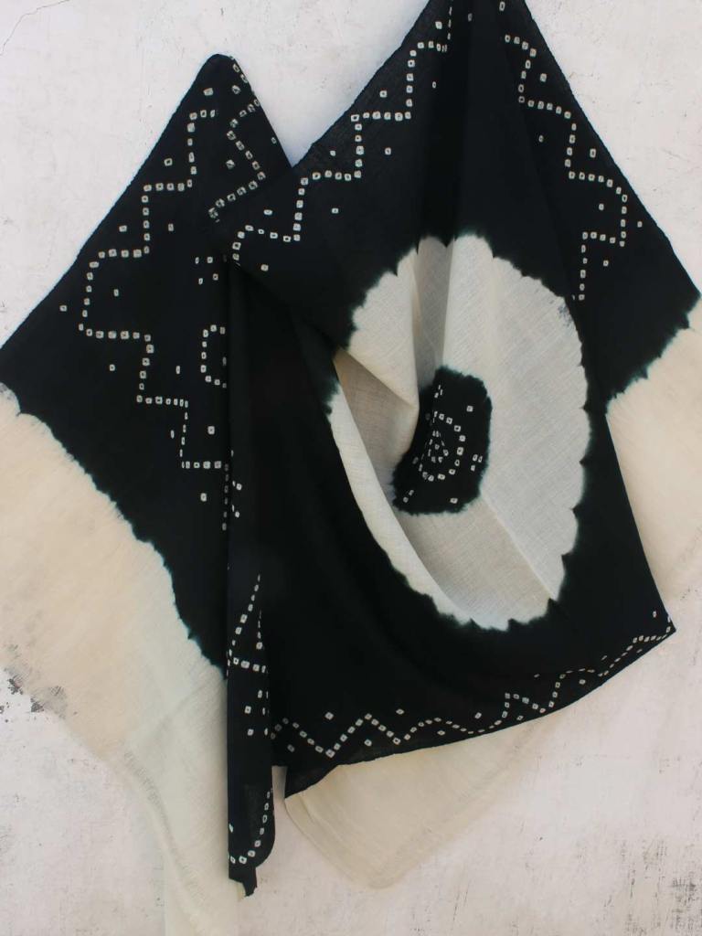 Black and Ivory Bandhani-shibori woolen Shawl by Shilphaat.com