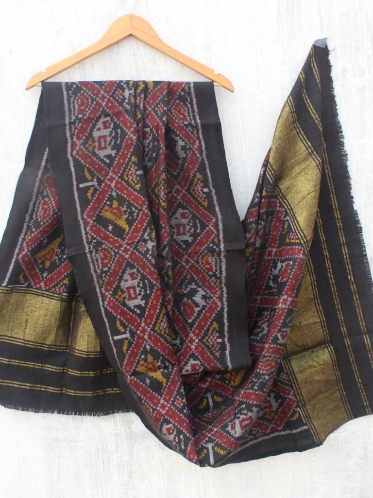 Black and Red Patan Patola Woolen Shawl by Shilphaat.com