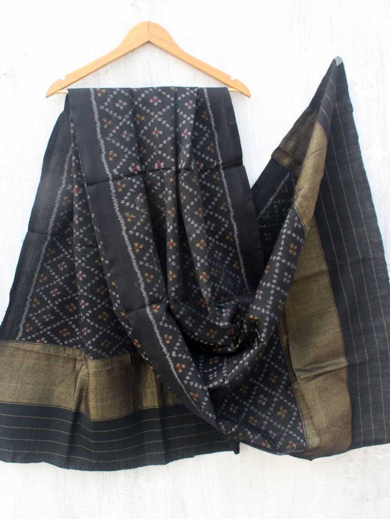 Black Handwoven Patola pure Wool shawl by Shilphaat.com