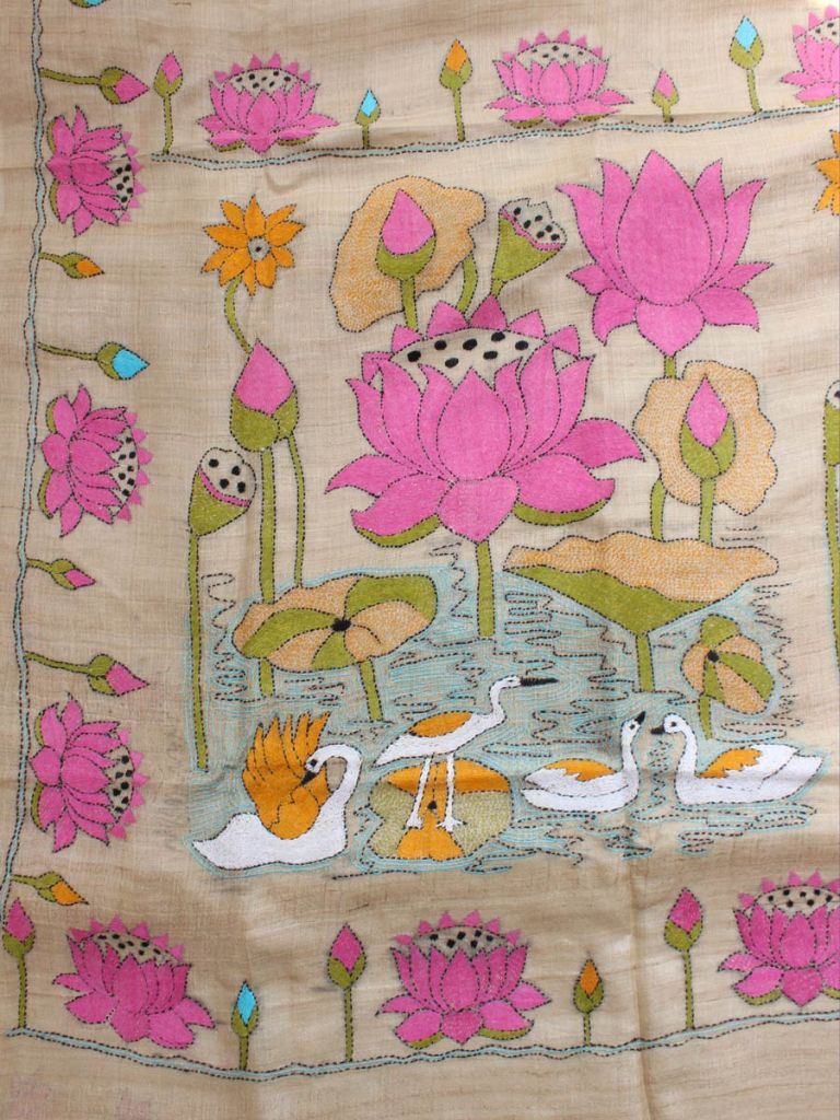Beige and Pink Tussar Silk Kantha embroidered Saree at Shilphaat
