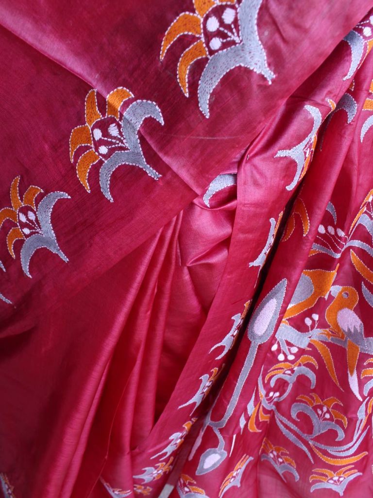 Maroon-Red Nakshi Kantha embroidered Pure silk Sari at Shilphaat