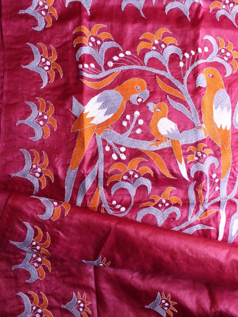Maroon-Red Nakshi Kantha Pure silk Saree by Shilphaat