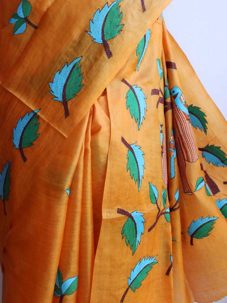 Sun-yellow Kanthawork pure silk saree by Shilphaat