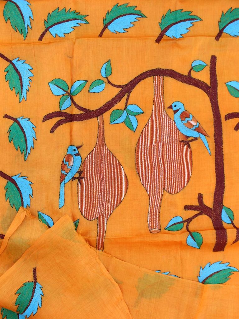 Sun-yellow Kantha embroidered pure silk saree