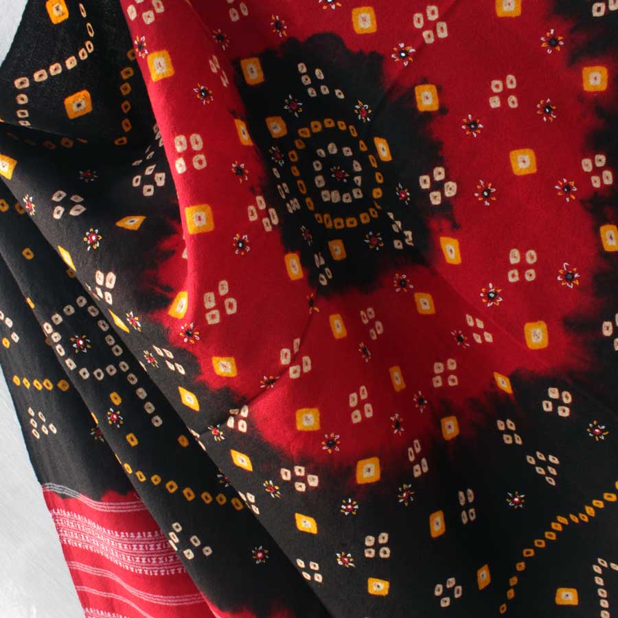 Black and Red Bandhej Mirrorwork Woolen Shawl by Shilphaat