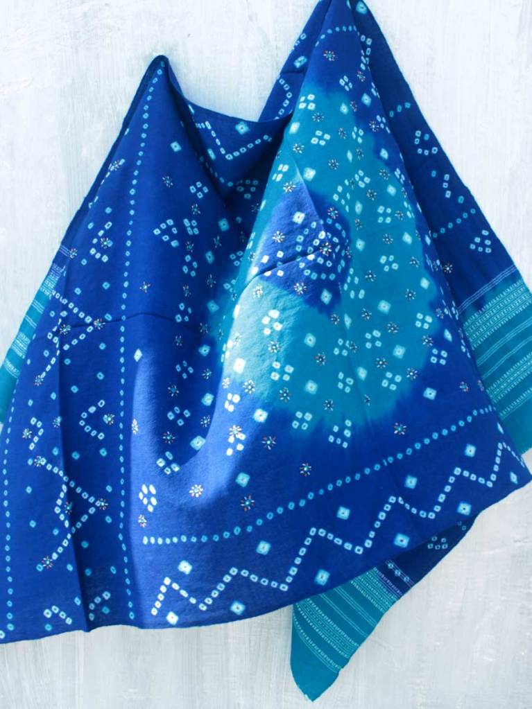 Blue Bandhej Mirrorwork Woolen shawl by Shilphaat