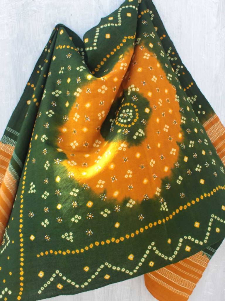Green and Yellow Bandhej mirrorwork Shawl by Shilphaat