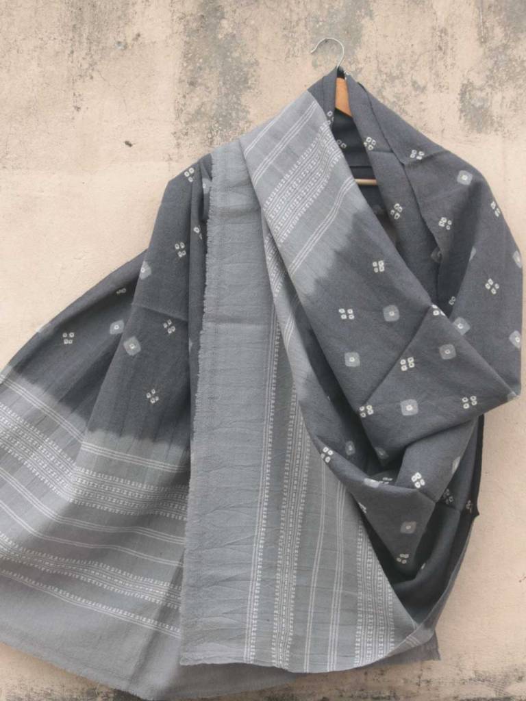 Grey Bhujodi Bandhani woolen Shawl by shilphaat.com