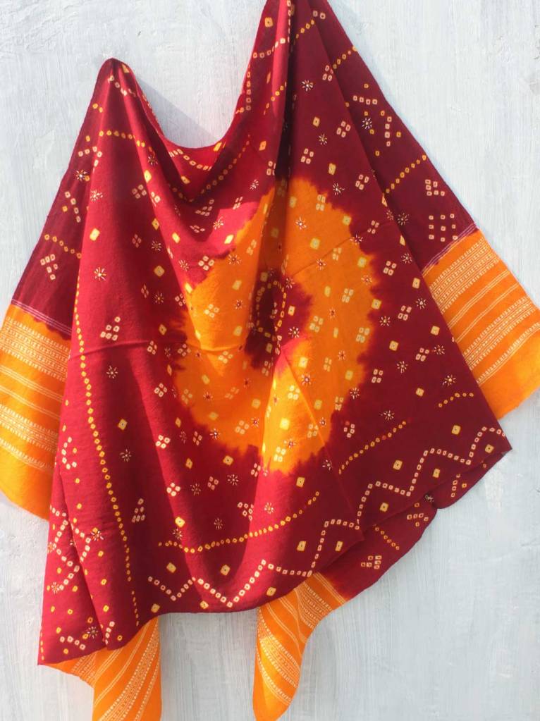 Maroon-Red and Yellow Mirrorwork Bandhej Shawl by shilphaat