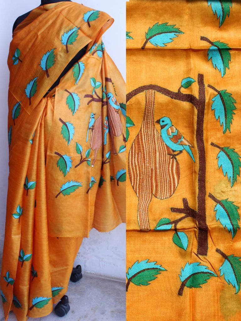 Sun-yellow Kanthawork pure silk saree by Shilphaat.com