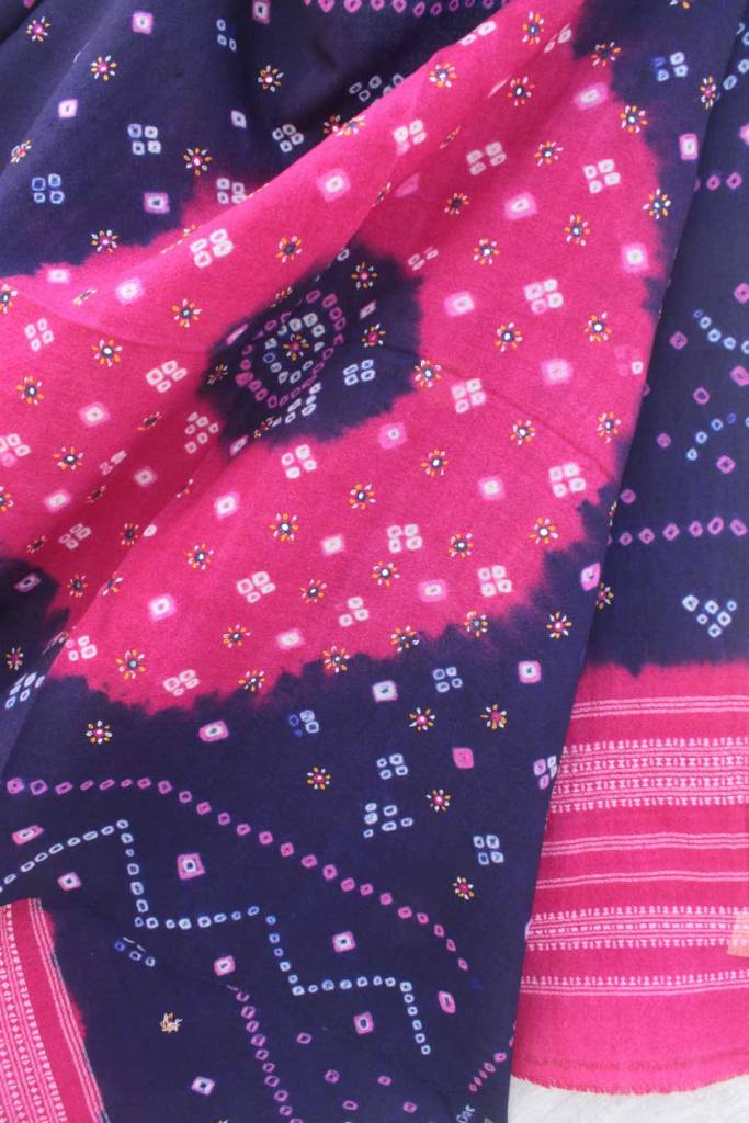 Violet and Pink Bandhej mirrorwork Bhujodi shawl by Shilphaat